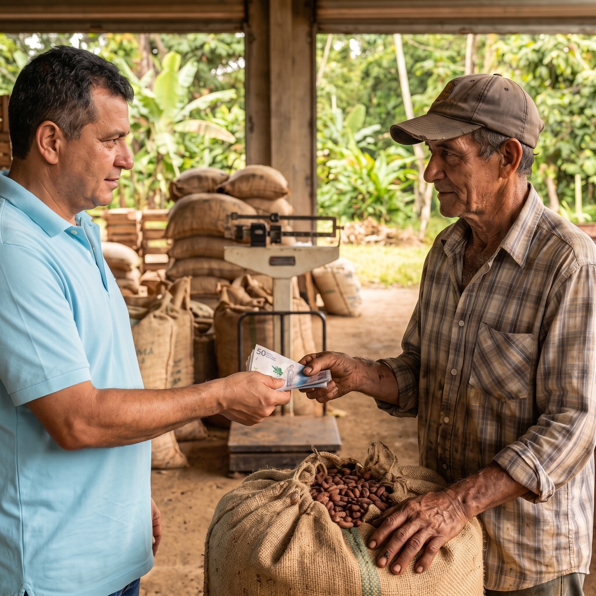 Gerente de asociaci&oacute;n paga en efectivo un bulto de cacao a un productor en Urab&aacute;